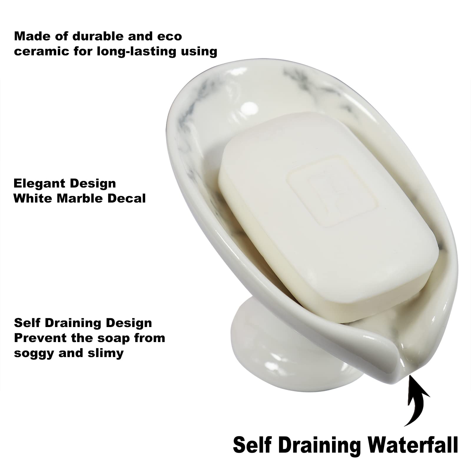 Polyroyal Self-Draining Soap Dish White Marble Ceramic Soap Holder Stand Style Waterfall Soap Dish Soap Savers for Bar Soap, for Bathroom, for Shower, for Bar Counter