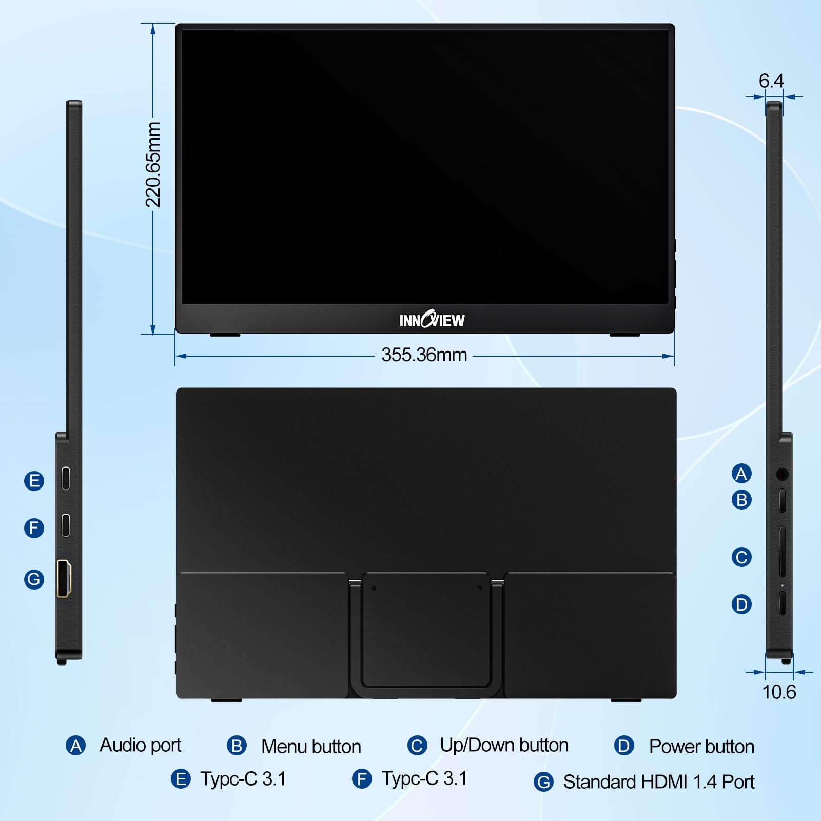 InnoView Portable Monitor 15.6" 1080P for Laptop with Storage Bag, Built-in 90° Adjustable Stand USB C HDMI Ultra-Slim Portable Laptop Monitor for MacBook Phone PS Xbox Switch view 9