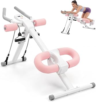 Centra Adjustable Ab Machine, Foldable Ab Trainer with Display, 440lbs Capacity, Pink & White Home Gym Abs Workout Equipment with Resistance Bands