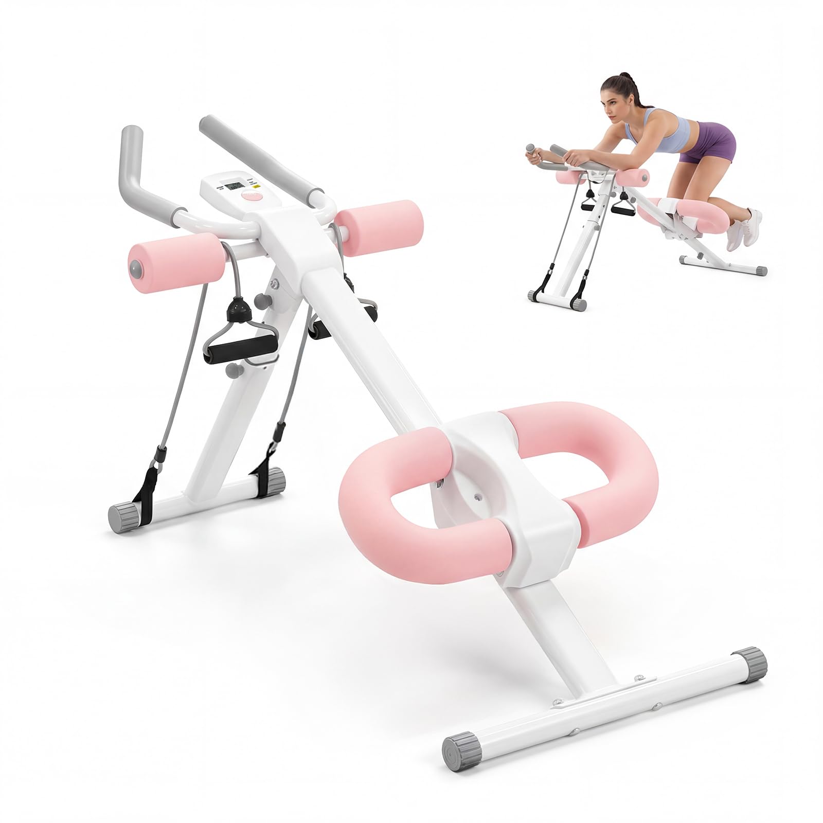 Centra Adjustable Ab Machine, Foldable Ab Trainer with Display, 440lbs Capacity, Pink & White Home Gym Abs Workout Equipment with Resistance Bands
