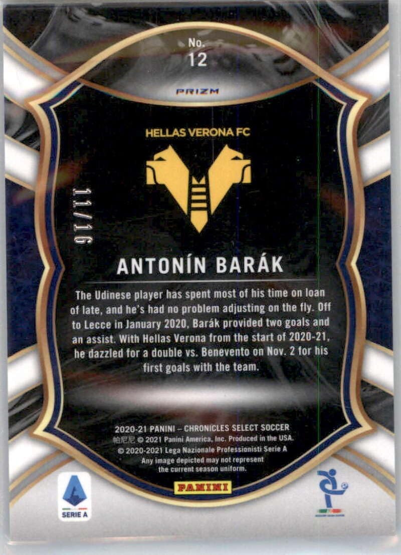2020-21 Panini Chronicles Select Serie A Blue Mojo #12 Antonin Barak SER/16 Hellas Verona FC Official Soccer Card in Raw (NM or Better) Condition