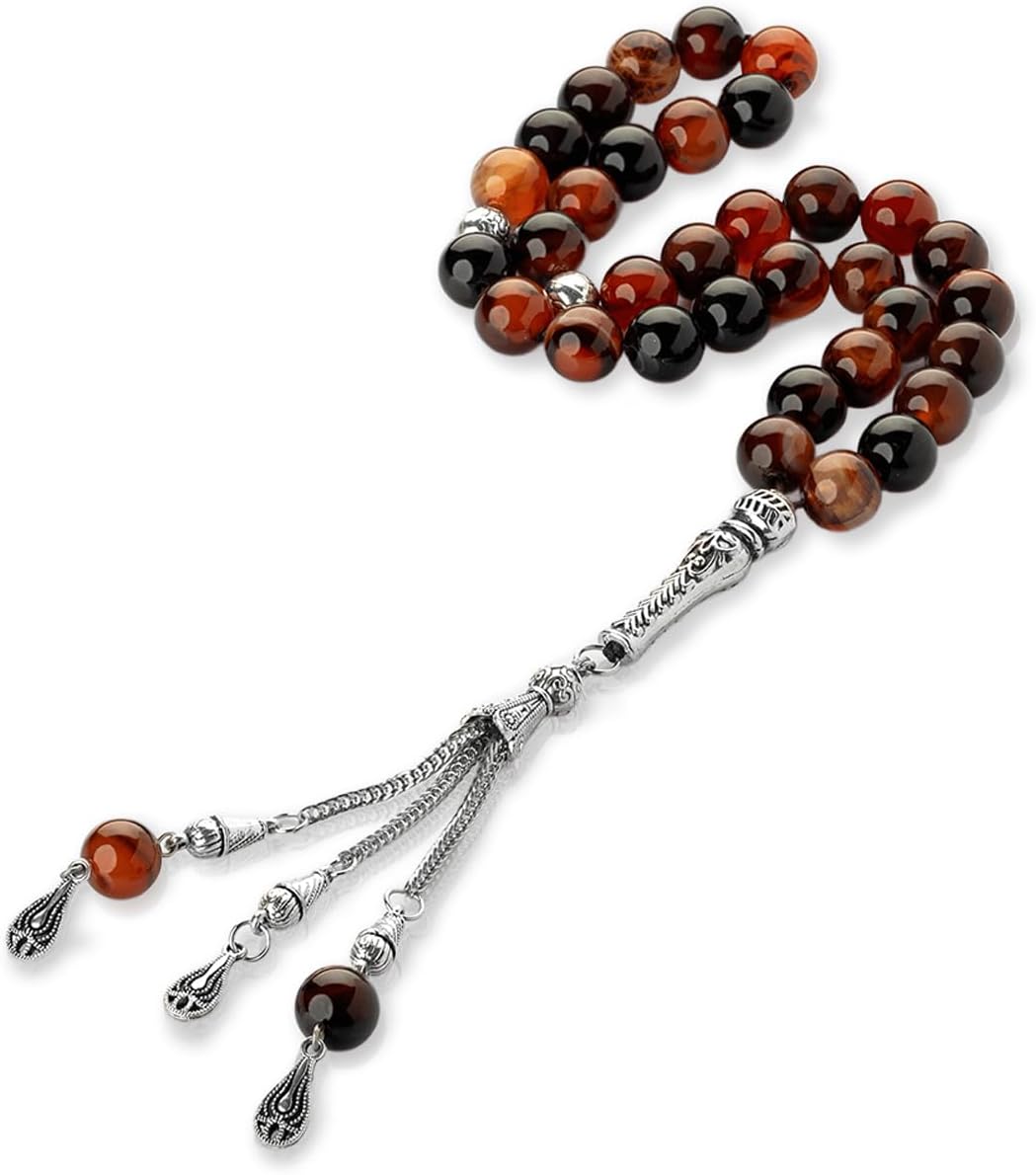 Natural Hepatic Agate Gemstone Rosary 33 Beads Size 10 mm, Decorated With Rhodium Plated Karkosha