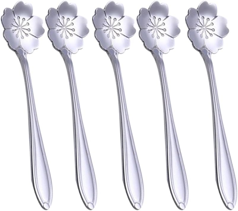 Verdental Coffee Scoops, Stainless Steel Tableware Creative Sakura Flower Pattern Coffee Spoons Stirring Spoon Sugar Spoon Teaspoon (Silver)
