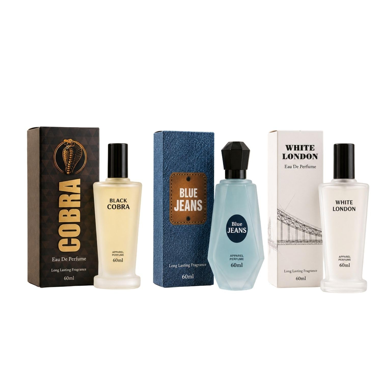 Black Cobra Blue Jeans White London Perfume Combo Pack of 3 | 60ml Each Eau De Parfum | Long Lasting Fragrance Gift Set for Men & Women | Premium Scent Collection-image-0