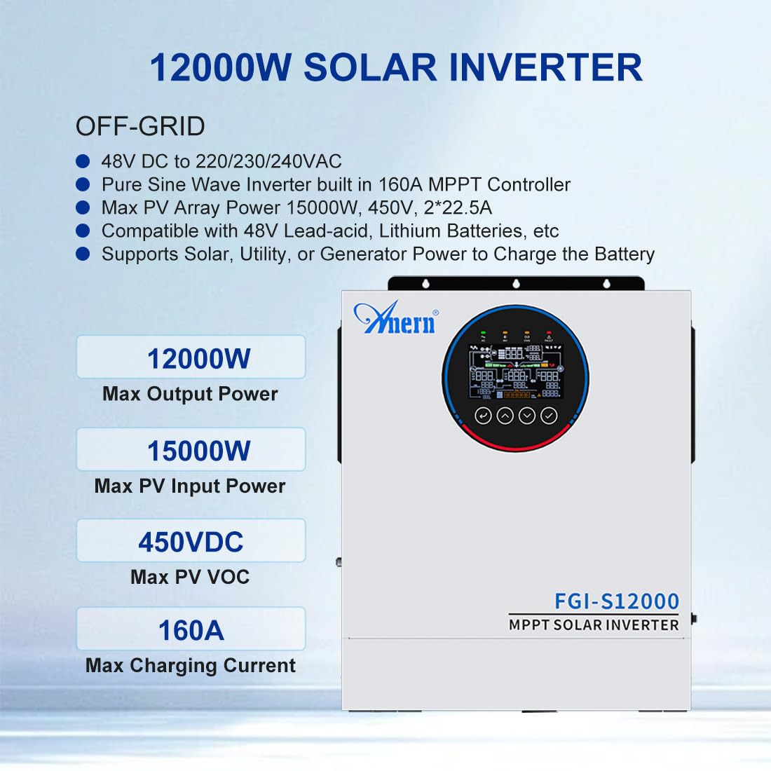 Anern Inverter ibrido 12000 W 48 V CC A 220-240 V AC, invertitore solare autonomo, regolatore di carica Mppt 160 A integrato, doppio ingresso fotovoltaico, doppia uscita Ca,può funzionare senza
