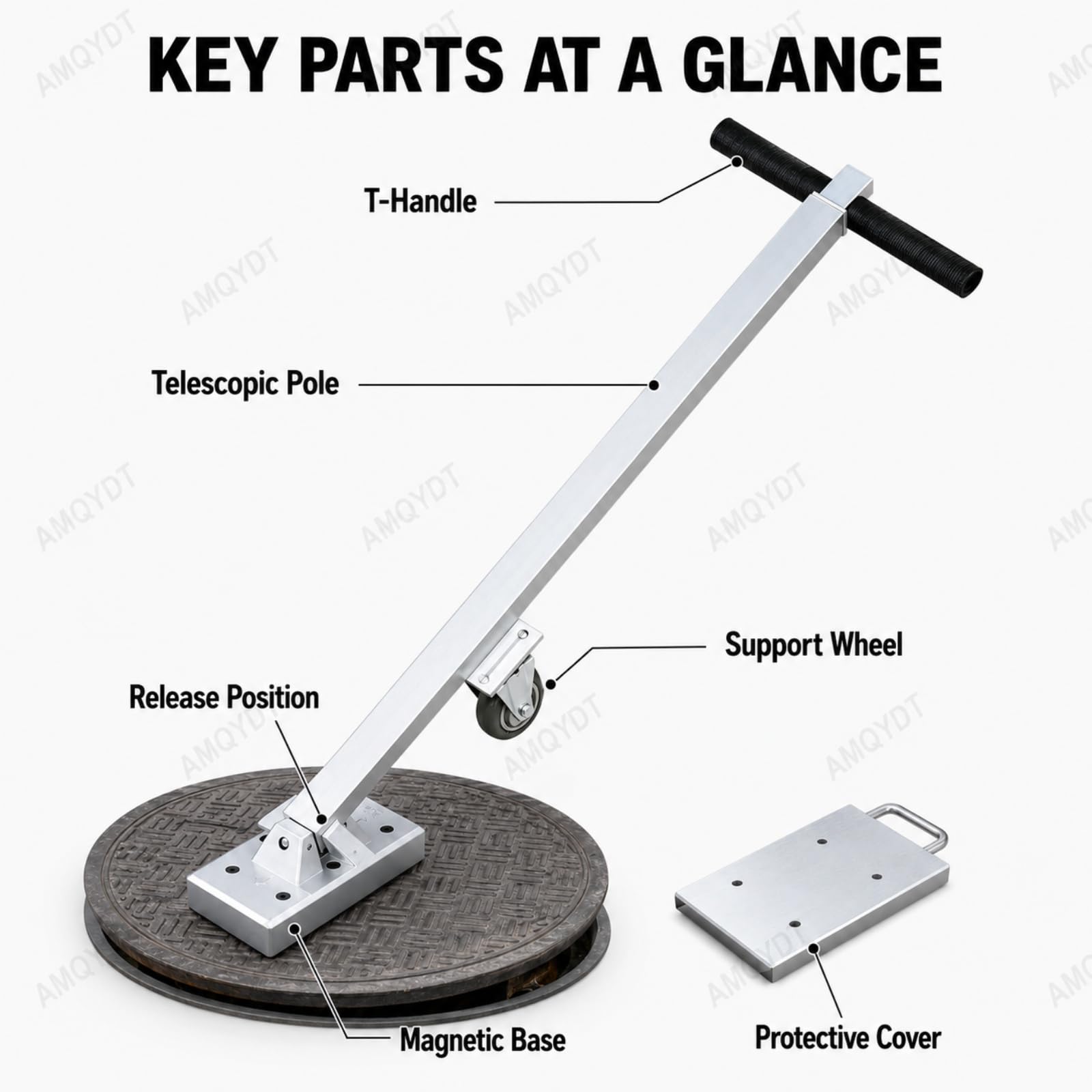 Sollevatore Magnetico per Tombini, Sollevatore Magnetico per Tombini con Forza di Attrazione Magnetica Teorica di 270 kg / 595 Lb, Maniglia Retrattile da 605-1010 Mm per Coperchi in Ghisa