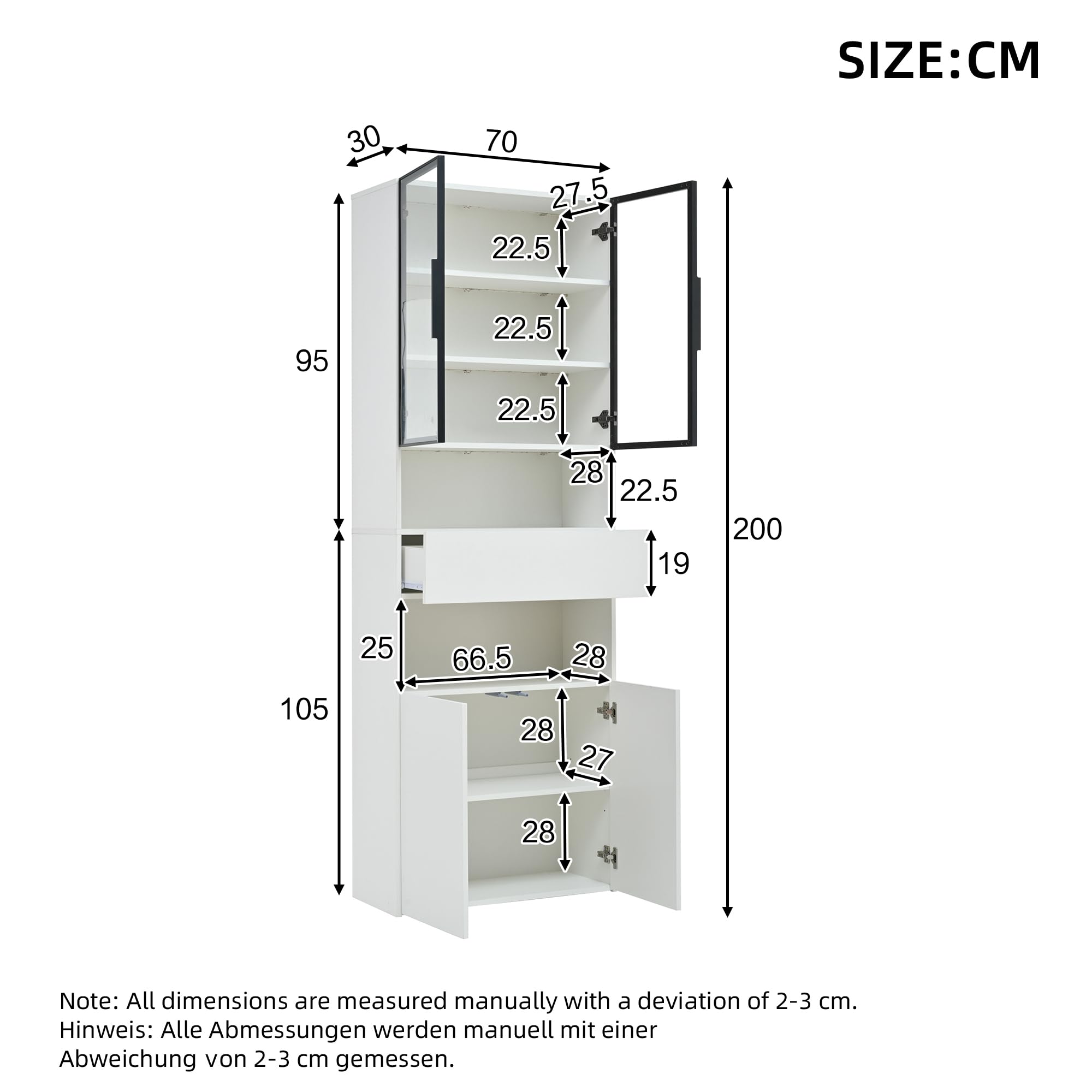 Vitrina de 70 x 30 x 200 cm, con cajones y armarios, armario alto con plataforma de almacenamiento abierta, estantería para libros, vitrina de pie, color blanco
