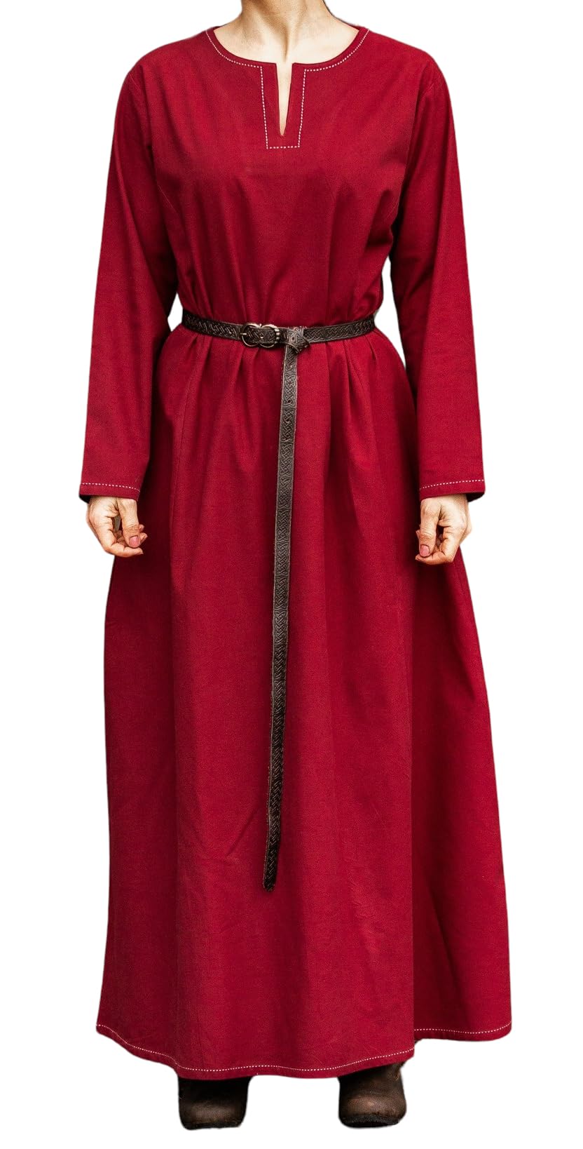 Leonardo Carbone® Damen Kleid Wikinger Unterkleid Helga | Aufwendige Stickereien | Fließende Silhouette | Karneval, Halloween, Cosplay, LARP, Mittelalter, Wikinger | 100% Baumwolle Rot 2XL