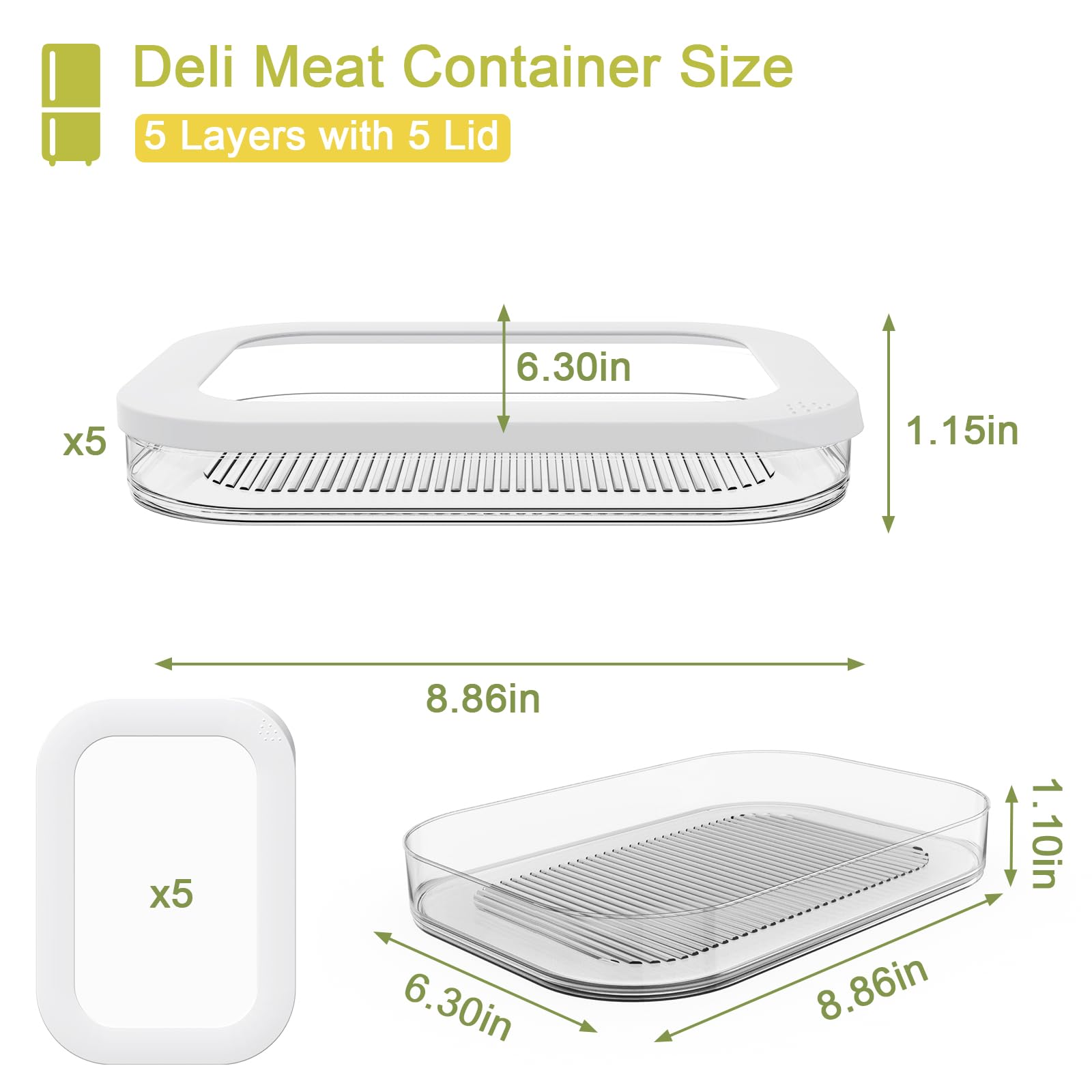5 recipientes de carne para refrigerador, contenedor apilable de tocino para refrigerador, cajas de almacenamiento de alimentos con 5 tapas para cortes fríos, queso, almuerzo, carne, salami