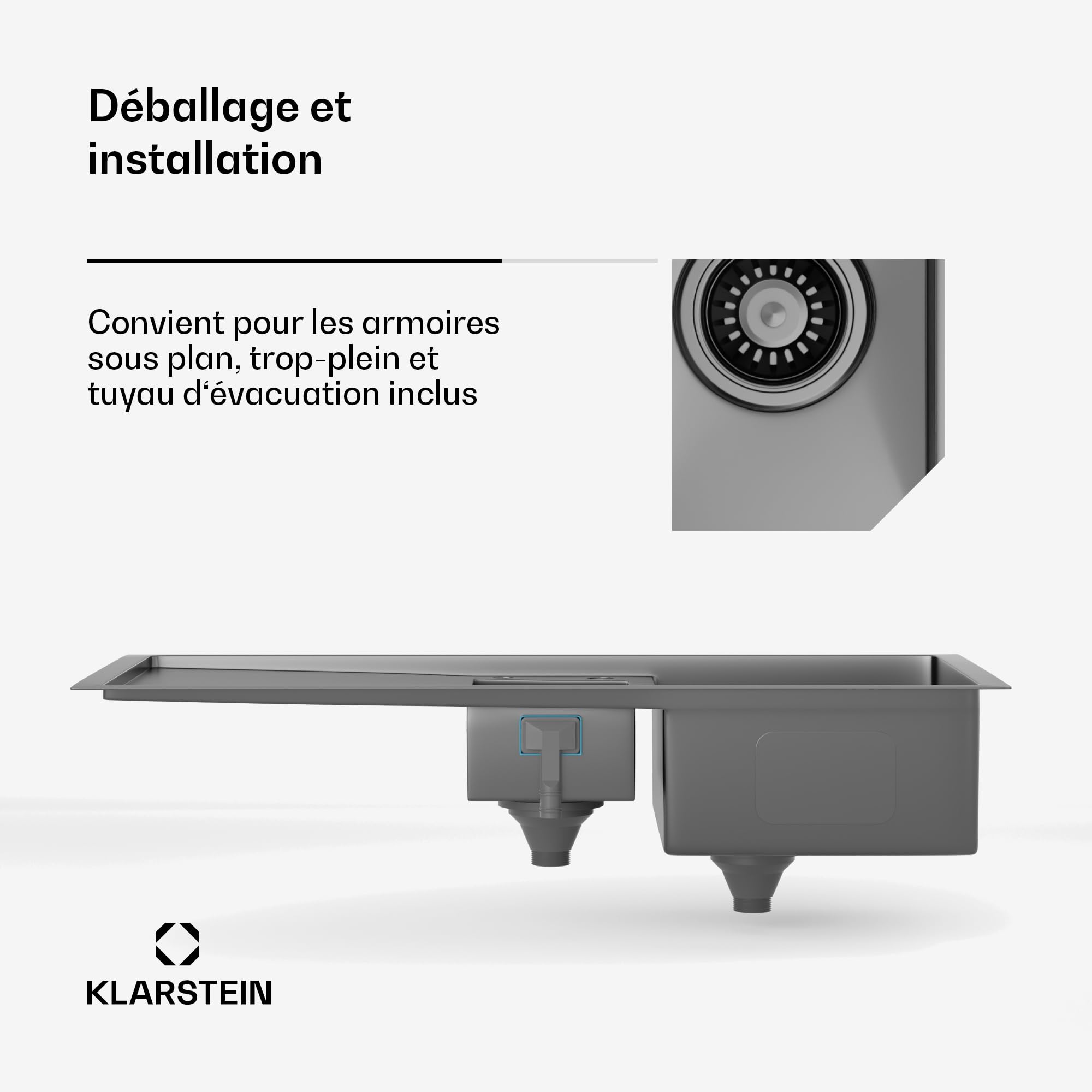 Klarstein Évier de cuisine inox – bac 1,5 avec égouttoir,acier inoxydable 304,résistant aux rayures & à la chaleur, facile à nettoyer, trop-plein & kit d'installation inclus, 100x45 cm, gris métallisé