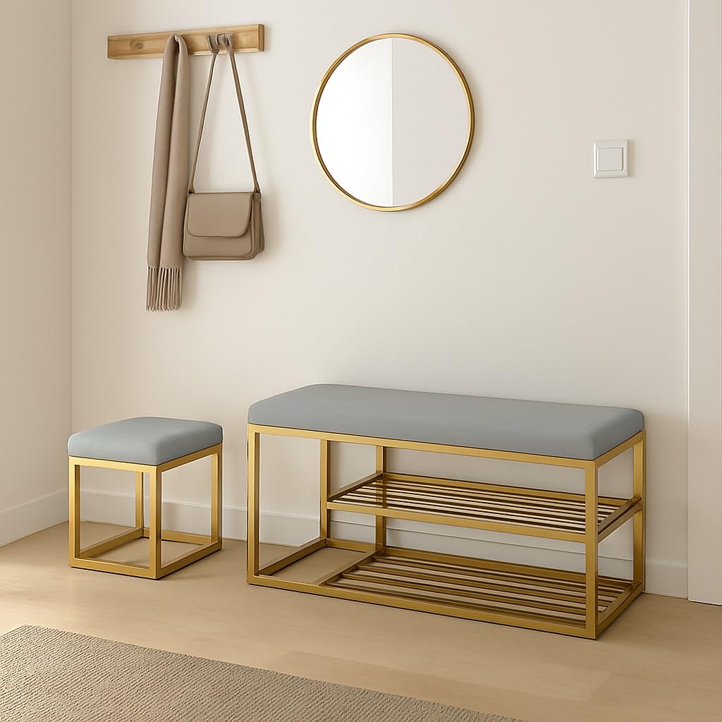 Teak Wood Art Shoe Rack Bench Organizer with Mesh Seat for Bedroom Entry Window Mudroom Living Room, 2-Tier Fleece Bench Bench for Entryway- Grey
