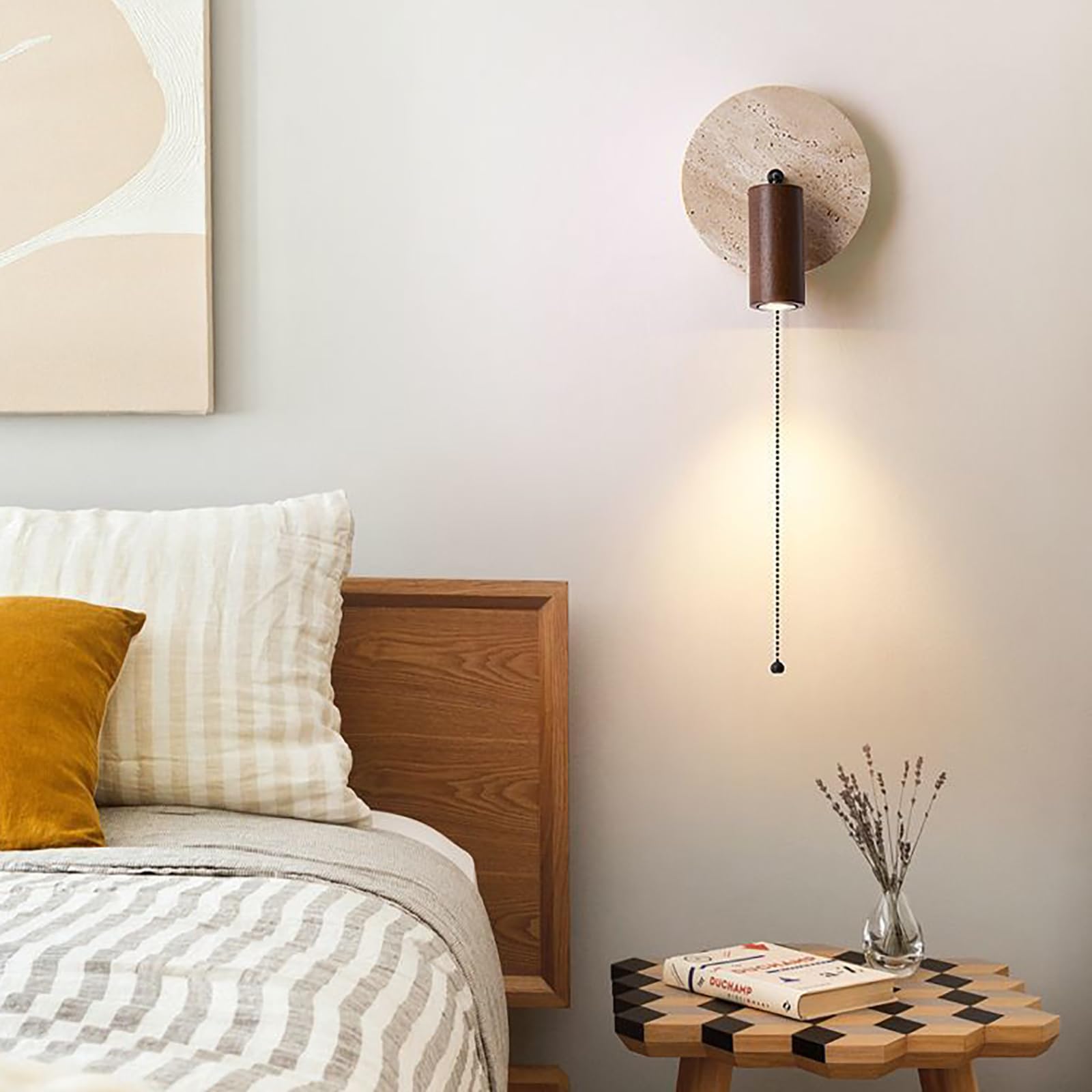 Naturalny żółty trawertyn kinkiet z przełącznikiem, vintage wewnętrzna lampa ścienna obrotowa lampa ścienna do sypialni salonu przedpokój, ciepłe światło 3000K