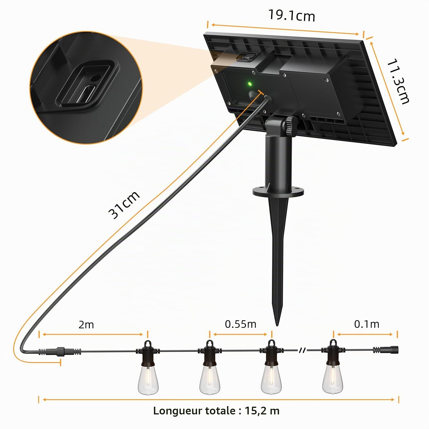 Kawaya Guirlande lumineuse solaire d'extérieur - 15 m - LED - Rechargeable - 5 modes d'éclairage - IP65 - Étanche - Avec 25 + 2 ampoules - Blanc chaud - Pour extérieur, balcon, terrasse