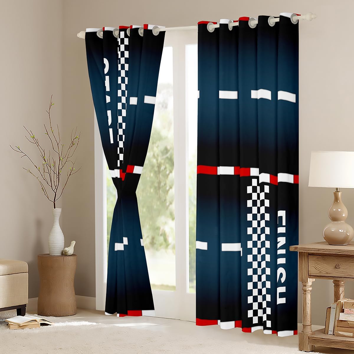 Castle Fairy Racing Car Track Curtains for Living Room,Cool Sports Car Road Window Drapes Bedroom Blackout 30%-50%,Black Red White Grid Window Treatment Grommet Top 2 Panels Decor,38Wx45L