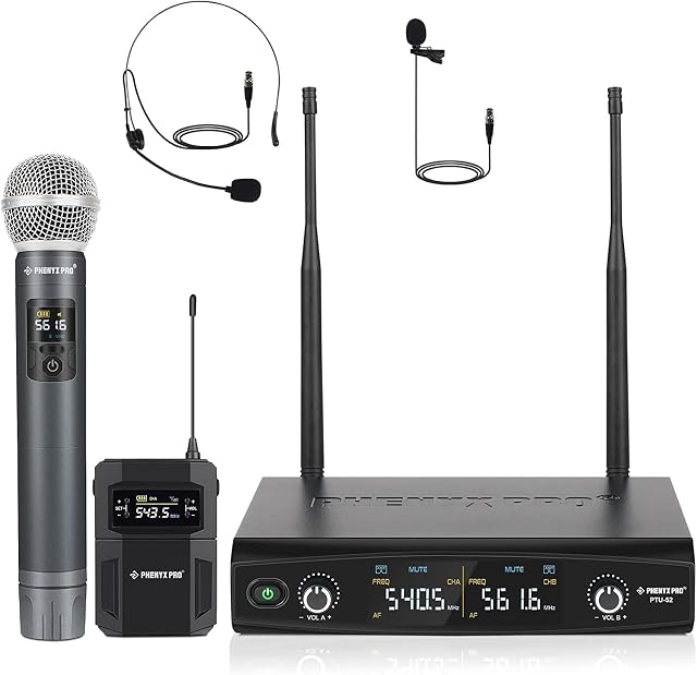 Phenyx Pro UHF Wireless Microphone System, 30 Adjustable Frequencies, Cordless Handheld/Bodypack/Headset/Lapel Mic Set with Case, 200ft Coverage, Ideal for Home Karaoke, Weddings, DJ, Church (PTU-52B)