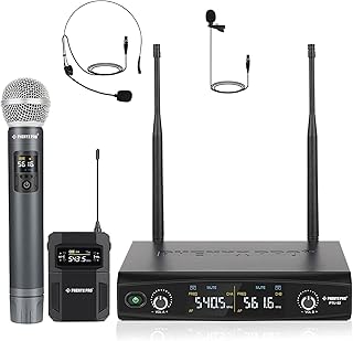 Phenyx Pro Wireless Microphone System, Metal Wireless Mic Set with Handheld Microphone/Bodypack/Headset/Lapel Mics, 2 x 30 UHF Frequencies, Cordless Mic for Singing, Karaoke, Church, DJ (PTU-52B)