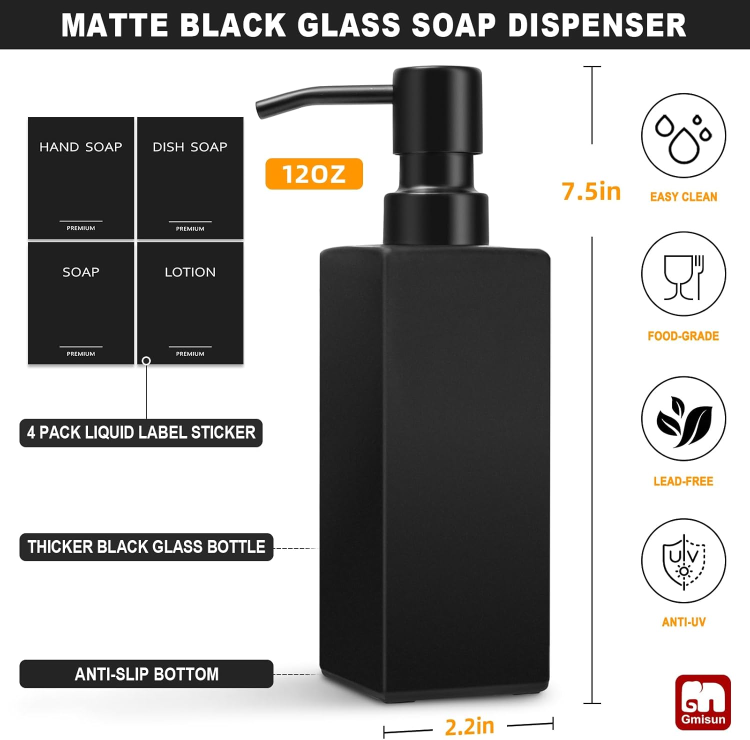 GMISUN Black Soap Dispenser, Hand Soap Dispenser Bathroom, 12 fl oz/350ml Glass Soap Dispensers with Stainless Steel Pump, Refillable Liquid Dish Dispensers for Kitchen, Modern Soap and Lotion Bottle