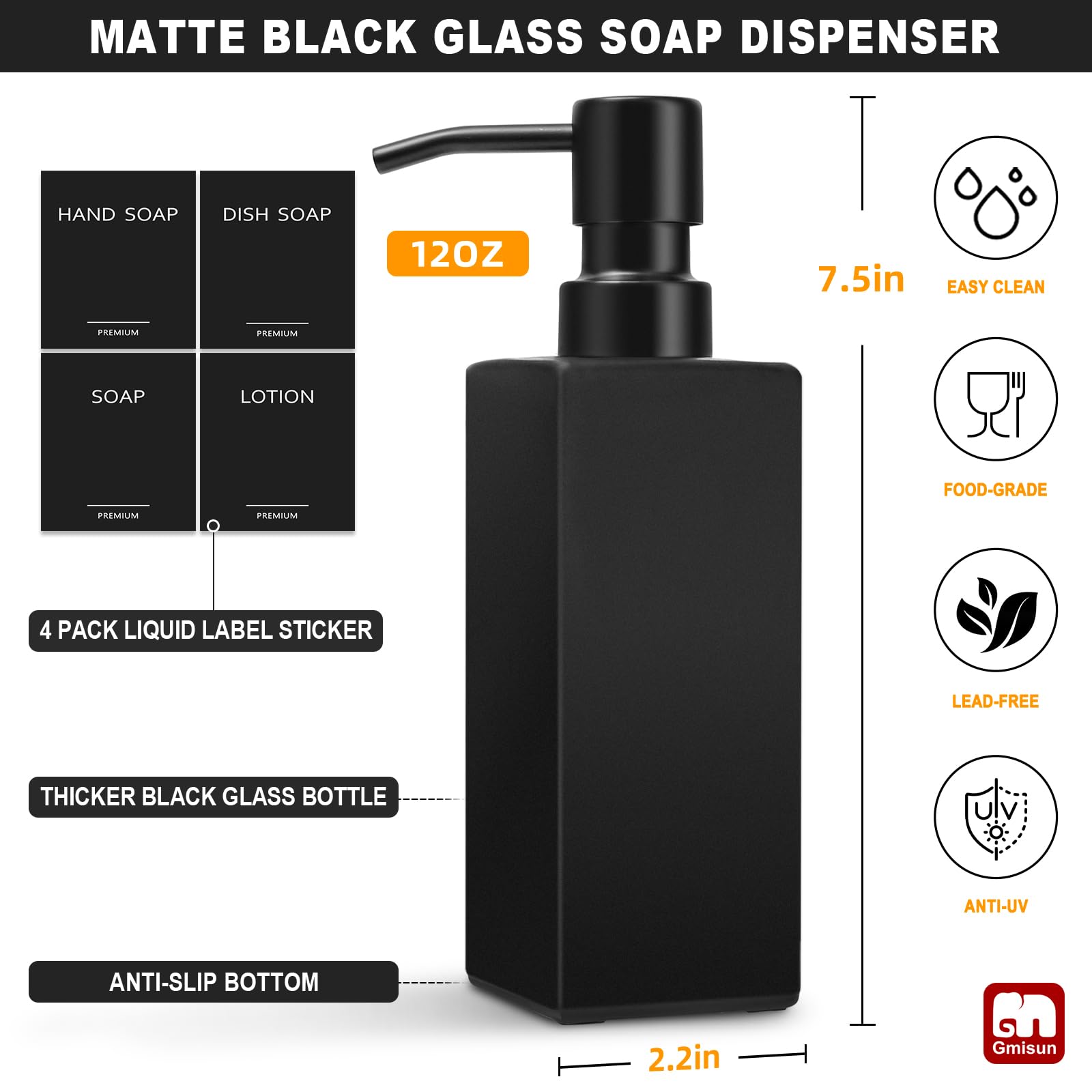 GMISUN Dispensador de jabón negro, dispensador de jabón de manos para baño, dispensador de jabón de vidrio de 12 onzas con bomba de acero inoxidable, dispensador de jabón líquido para cocina, juego de