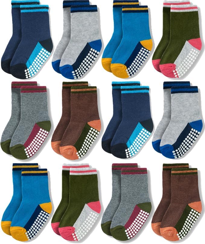 JAKIDAR 12 Pack Baby Toddler Socks Non Slip Grip Cotton Crew Socks for Boys Girls Infants Kids