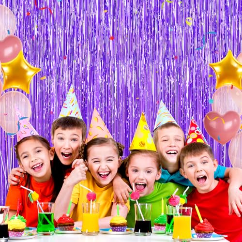 image for YEURFONTASY Purple Tinsel Backdrop Foil Fringe Curtains - 2 Packs Door