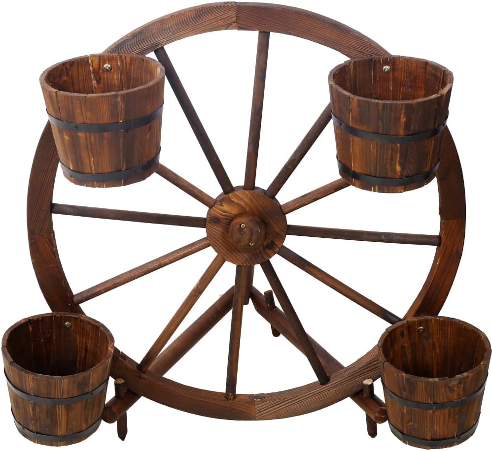 Wooden Wagon Planter with Wheels for Outdoor Garden Decor - Rustic Fir Wood Flower Pot Stand for Patio and Yard (Brown + Wood-3)