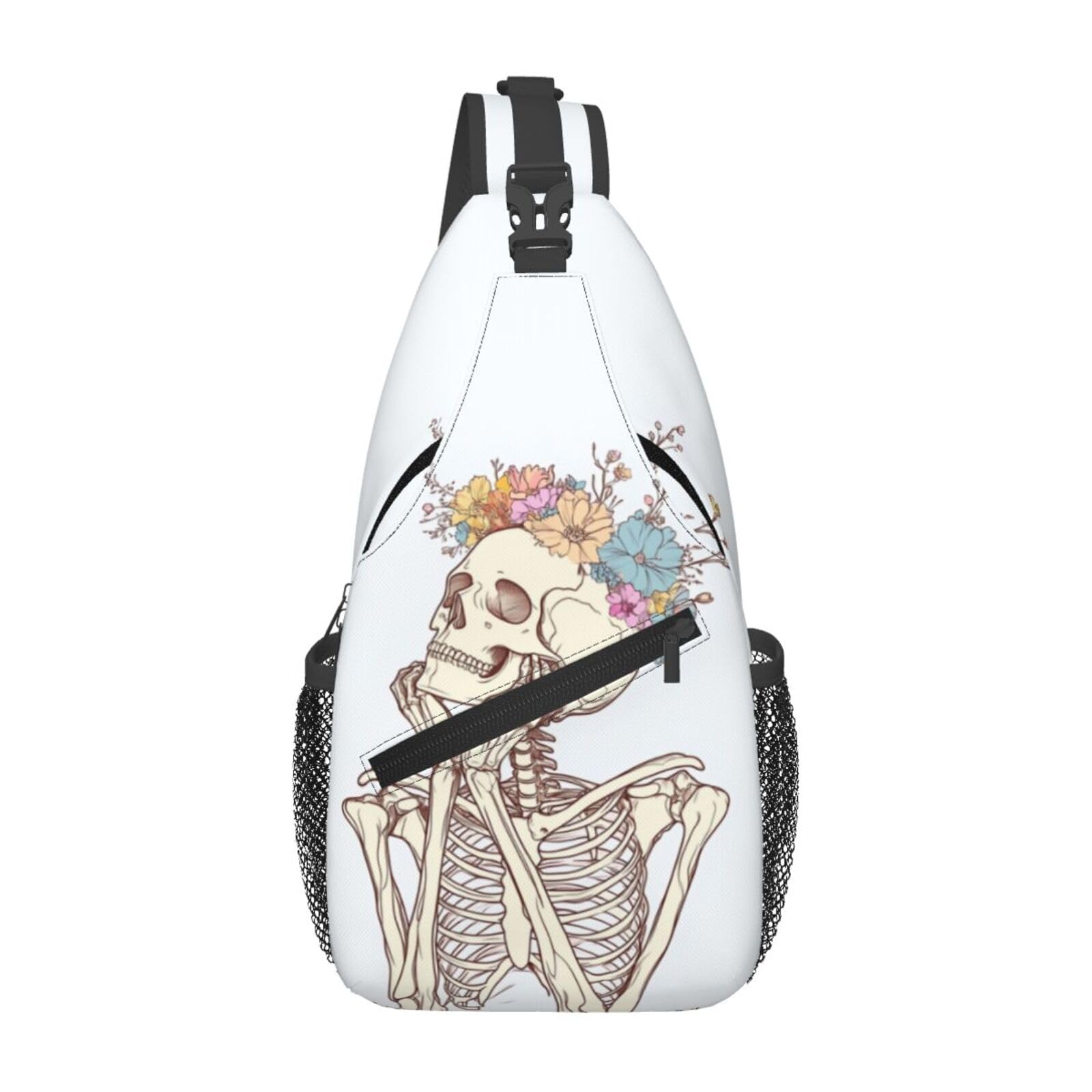SUPLUCHOM Sling Bag Skeleton Flower Skull Hiking Daypack Crossbody Shoulder Backpack Travel Chest Pack for Men Women