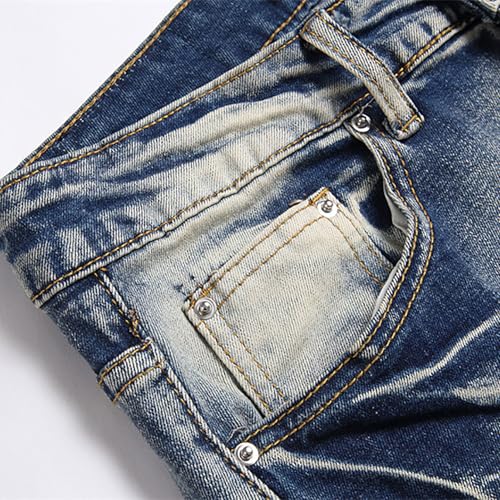 Men's Denim Jeans, Vintage Blue Denim, Ripped Embroidered Stretch Denim, Slim Fit Stylish Jeans,302