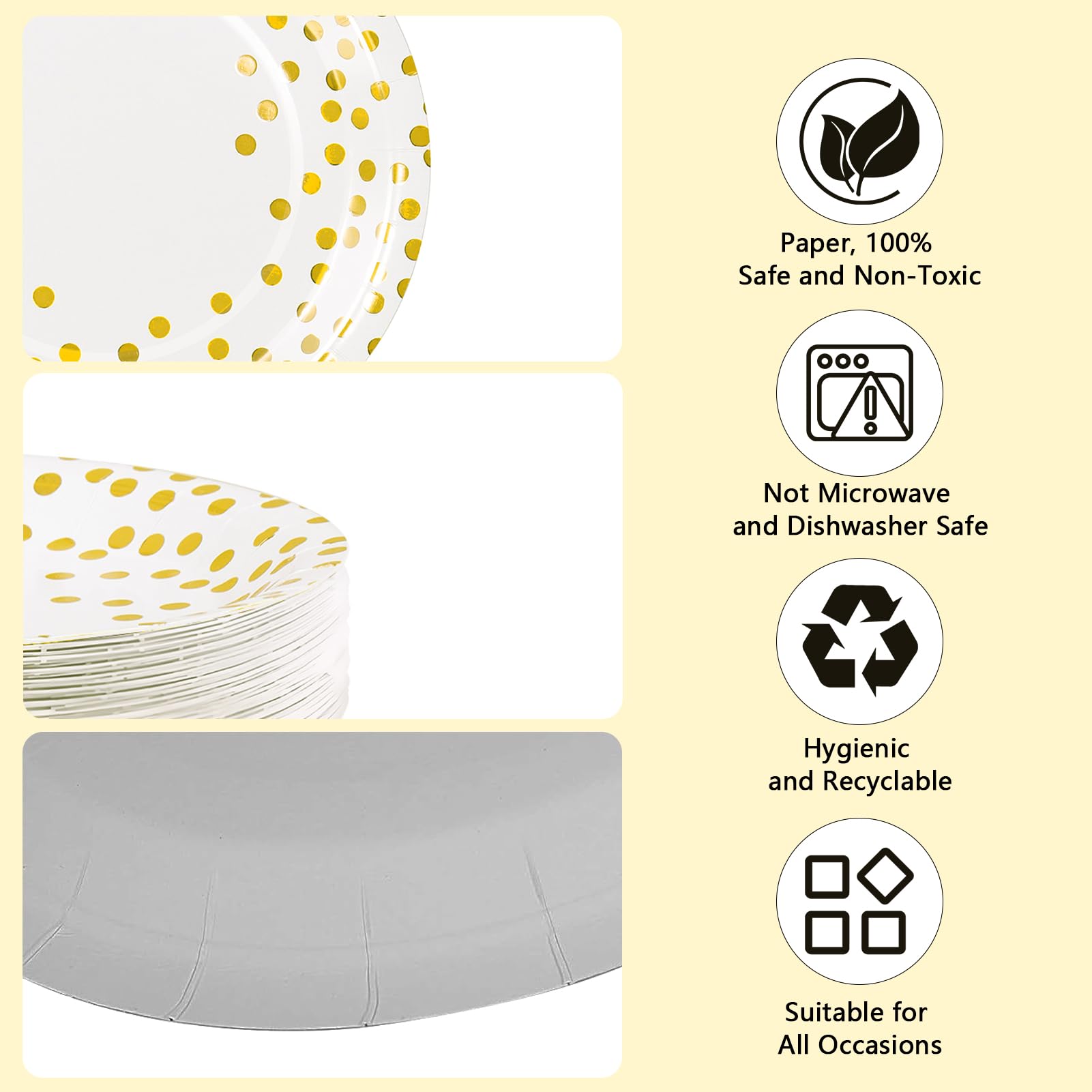 Stoviglie per Feste Bianco e Oro 50 pezzi Piatti di Carta per Feste in 23 CM Piatti Carta Getta Rotondi per Compleanno