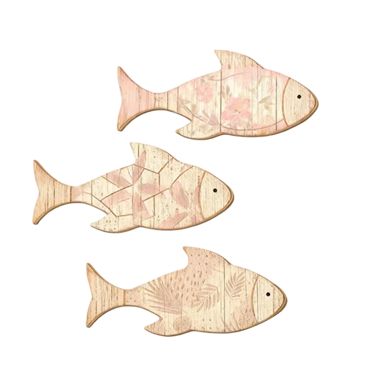 anwhriet 3Pcs/Set Wooden Fish Wall Decoration, Plants Pattern Fish Wall Art for Beach, Lake House, Nautical Coastal Ocean Theme Hanging