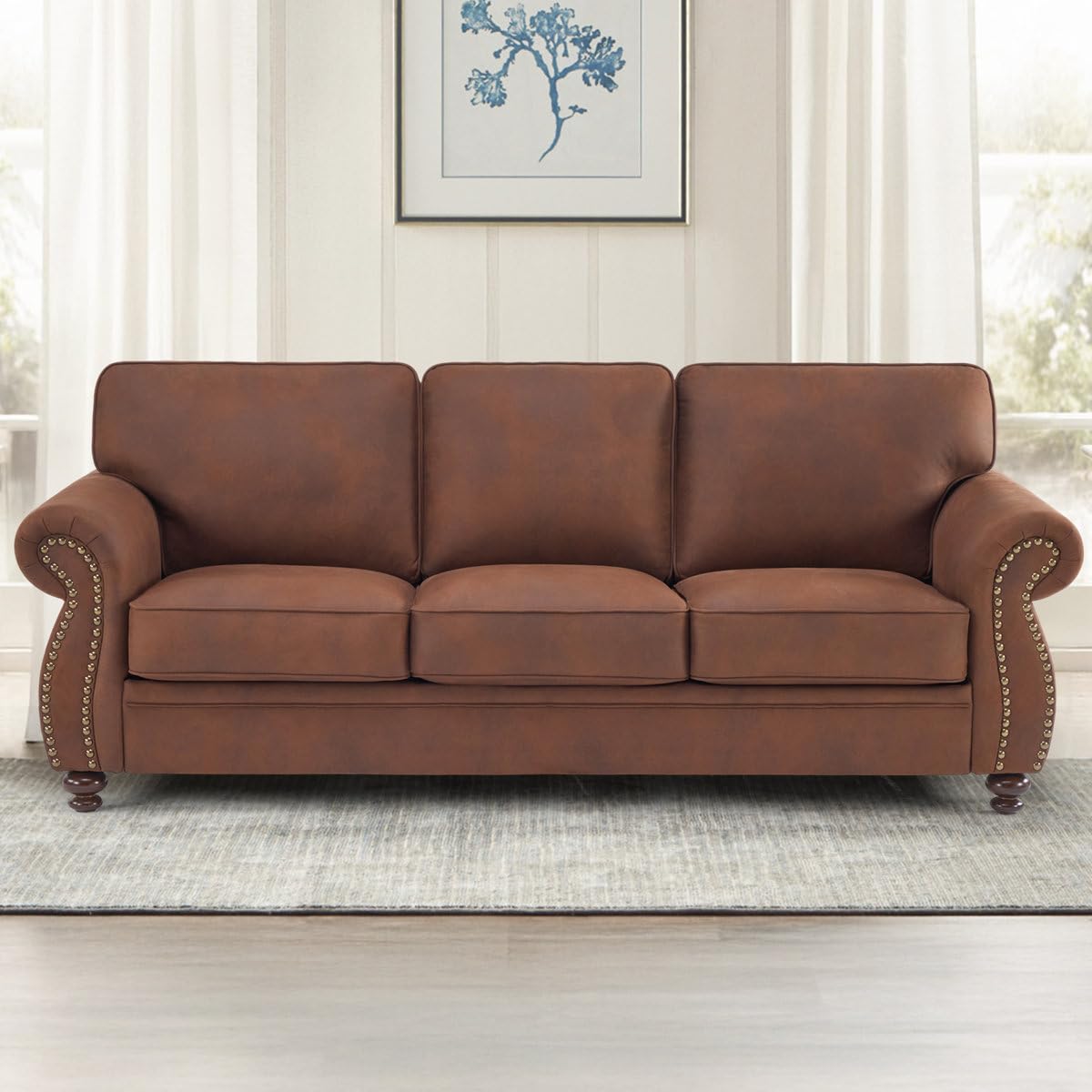 - Premium Luxury 3 Seater Leatherette Sofa | Chesterfield Style Rolled Arms | Heavy Solid Wood Frame | Extra Comfort Cushions | Living Room Sofa (Caramel)