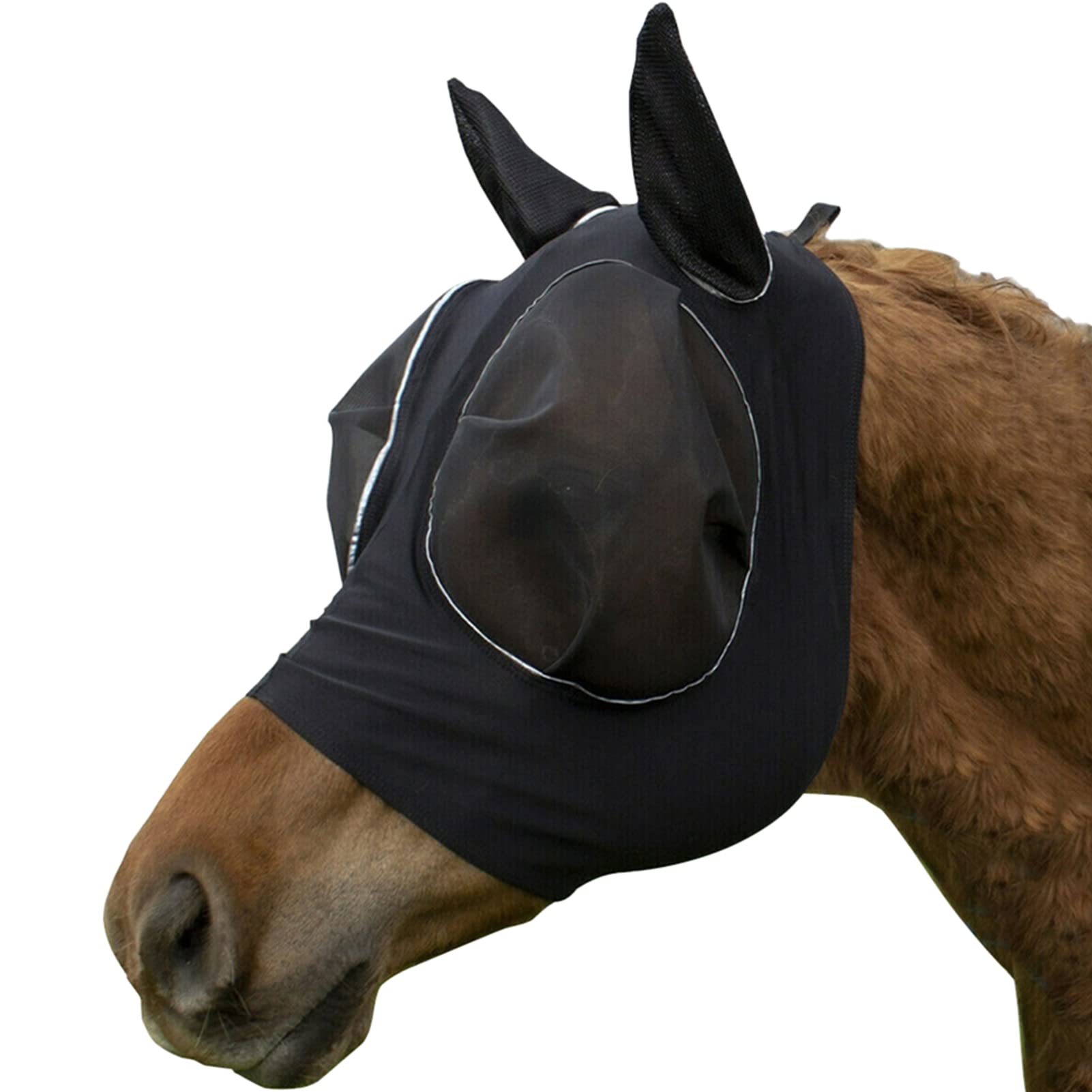 Masque Anti-Mouches Cheval Noir Standard – Maille Respirante, Anti-UV, Cache-Oreilles, Protection Été