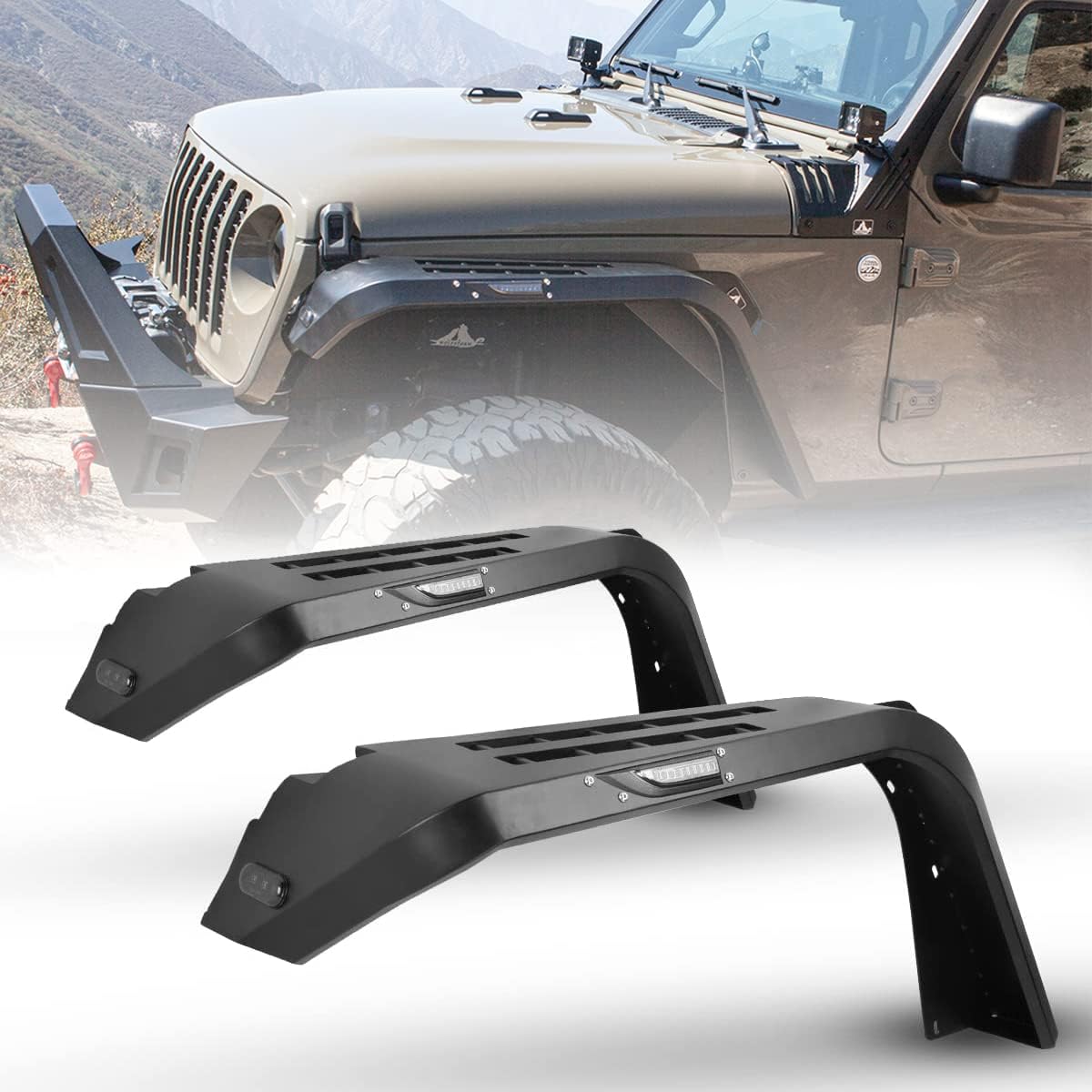 JT Gladiator Fender Flares with LED DRL Lights and Sequential Turn Lights, for Jeep 2018-2025 Gladiator JT Wrangler JL | JLU Unlimited, 2PCS Offroad Front Fenders Wheel Liners Flares