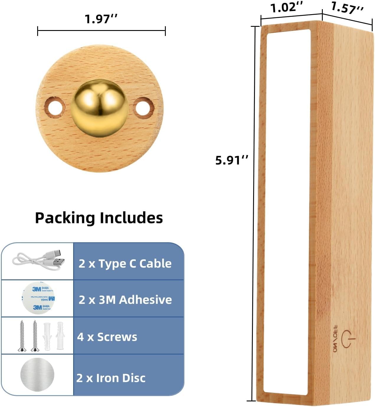 Applique Murale Sans Fil QUXV - Lampe De Chevet Rechargeable USB - Bois Naturel - Lumière Dimmable