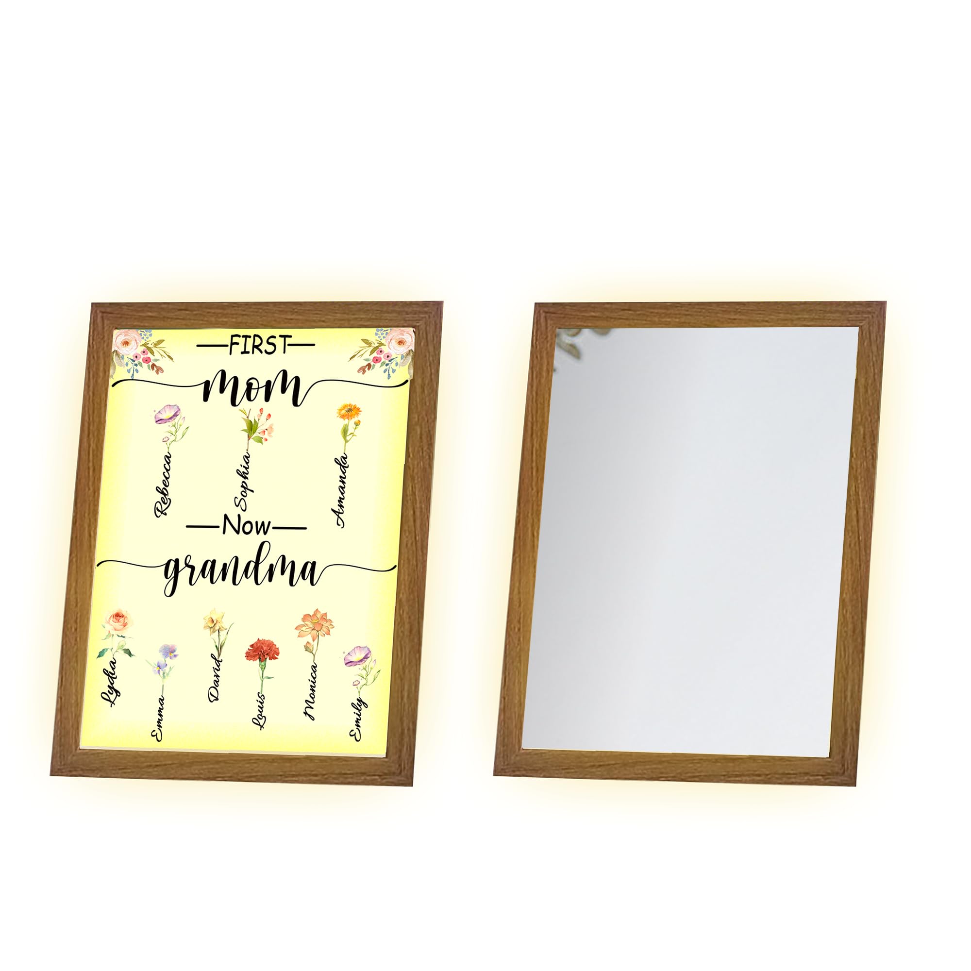 Besula Personalized Mom Name Mirror Light First Mom Now Grandma LED Mirror Custom Birth Month Flower Mirror Mother’s Day Light Up Name Mirror Personalized Mirror Gift for Mom Grandma (Walnut)