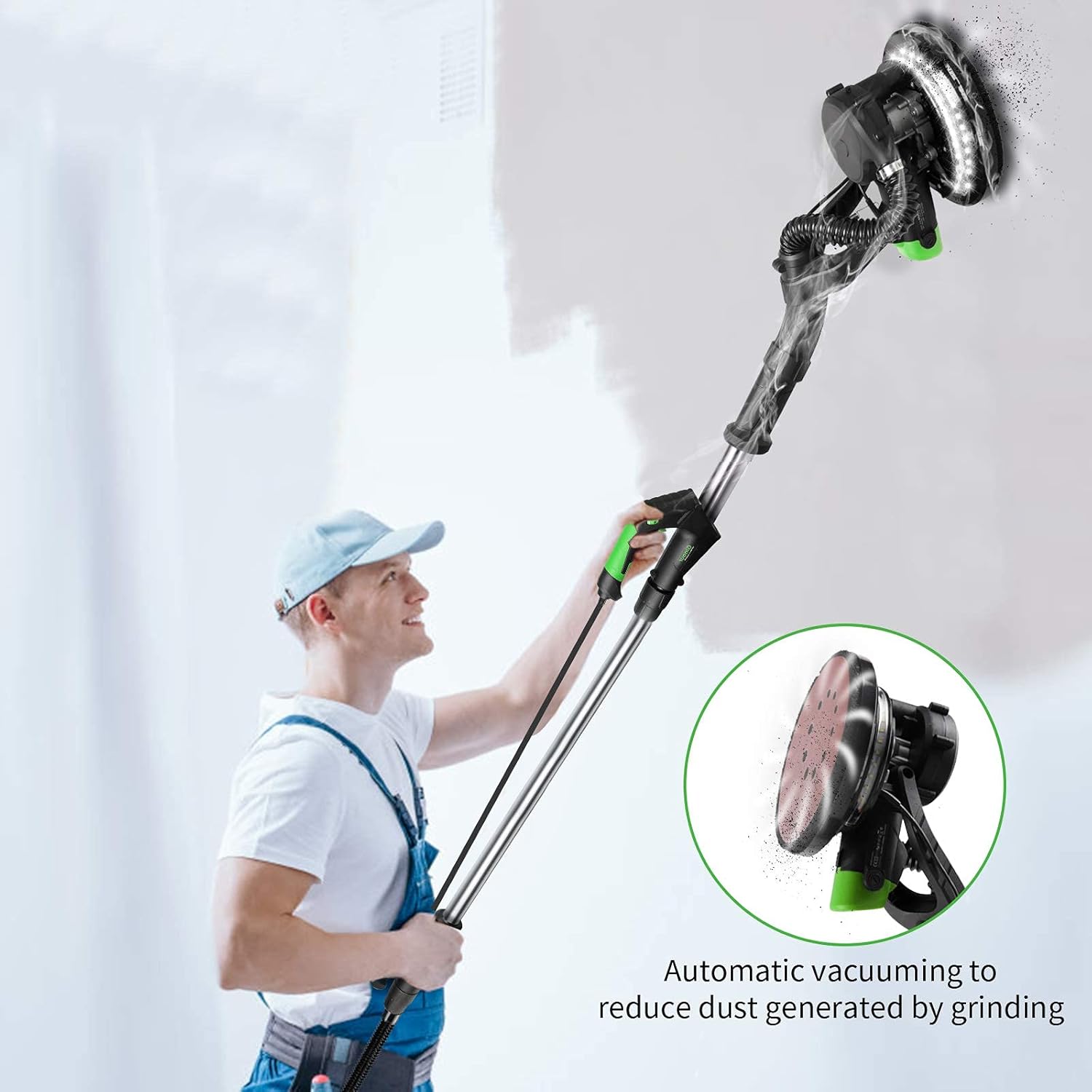 Drywall Sander, Ginour 6A 7 Variable Speed 1000-1800RPM Wall Sander With Vacuum Attachment, LED Light, Extendable Handle, Long Dust Hose, Storage Bag, 12 Sanding Discs - - 