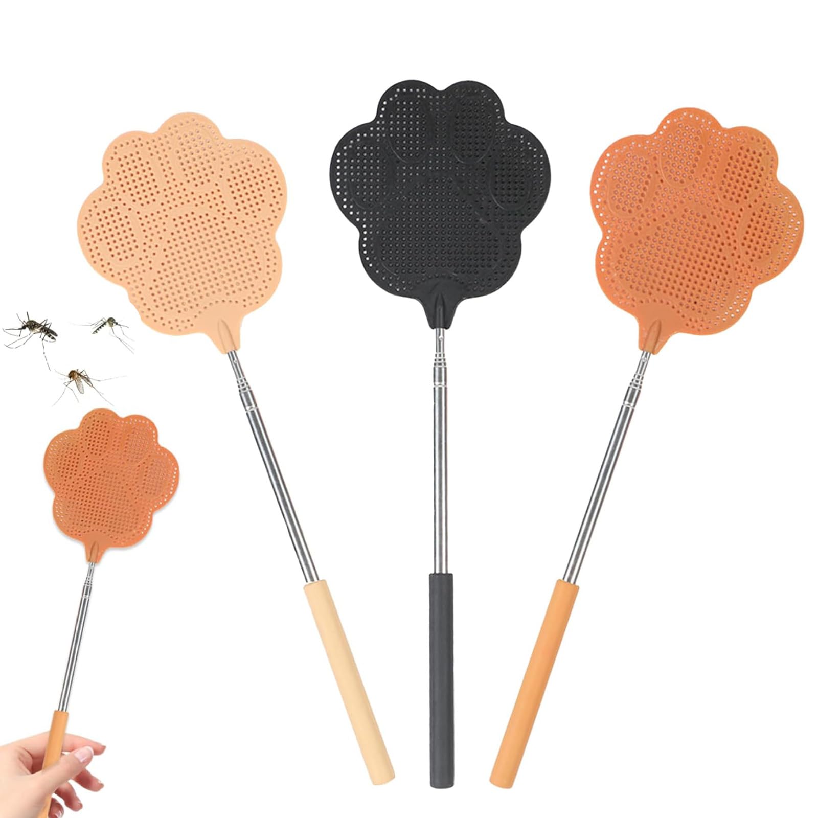 3 Pezzi Paletta Mosche Allungabile, Scacciamosche Telescopico in Acciaio Inox da 26 a 76 cm, Acchiappa Insetti Manuale a Forma di Zampa per Casa e Giardino, Nero Marrone Cachi