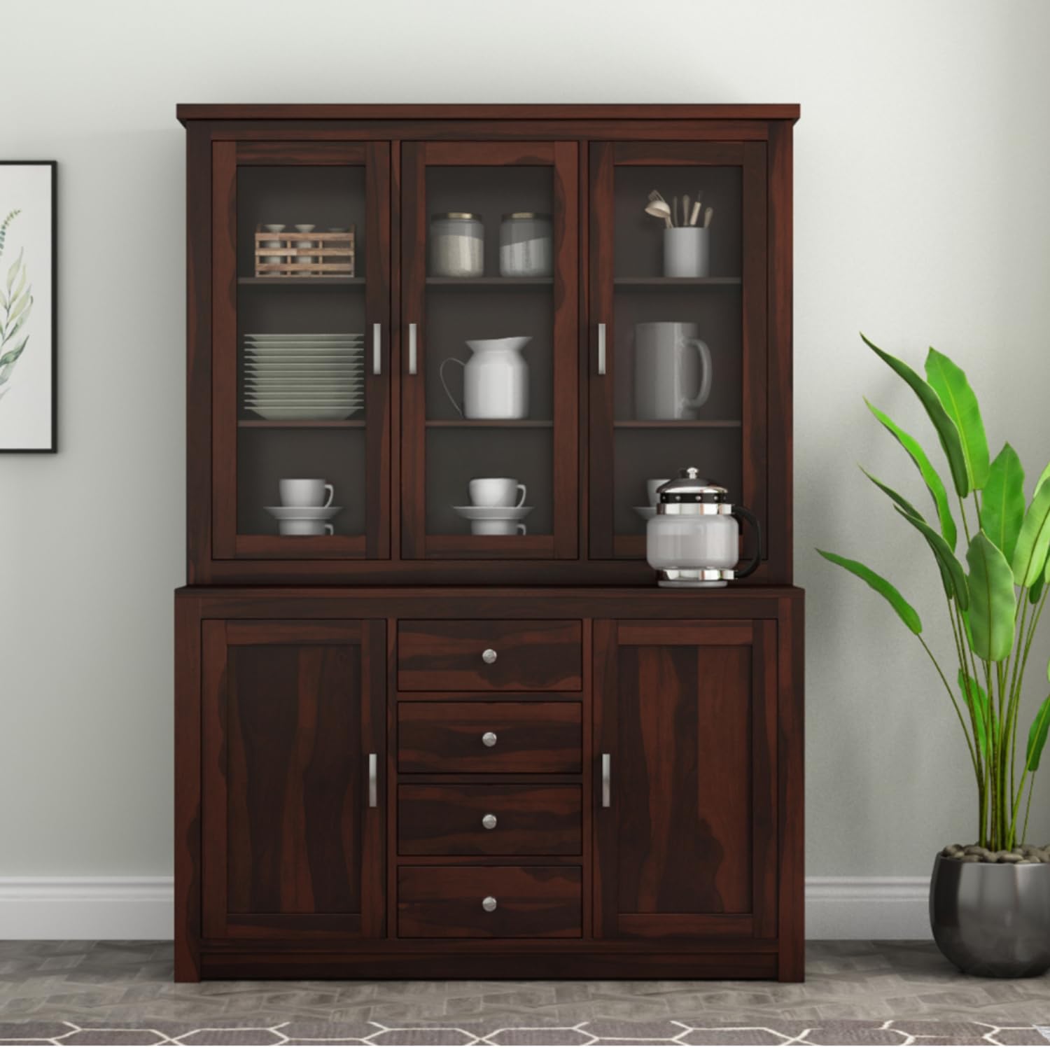 Sheesham Solid Wood Crockery Cabinet | Handcrafted Wooden Crockery Storage Cabinet with Shelves & Doors | Dining Room Kitchen Storage Unit for Home (Walnut, Design 3)-image-19