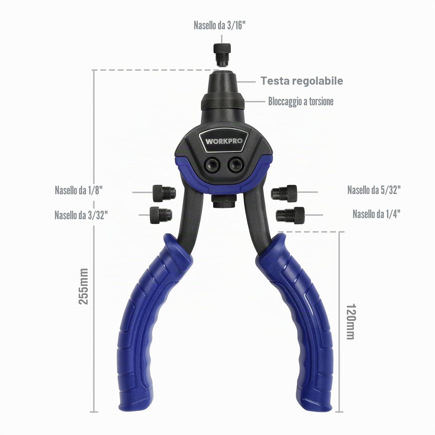 WORKPRO Rivettatrice Manuale con 5 Teste Intercambiabili, Pistola a Rivetti per Installazione Mobili