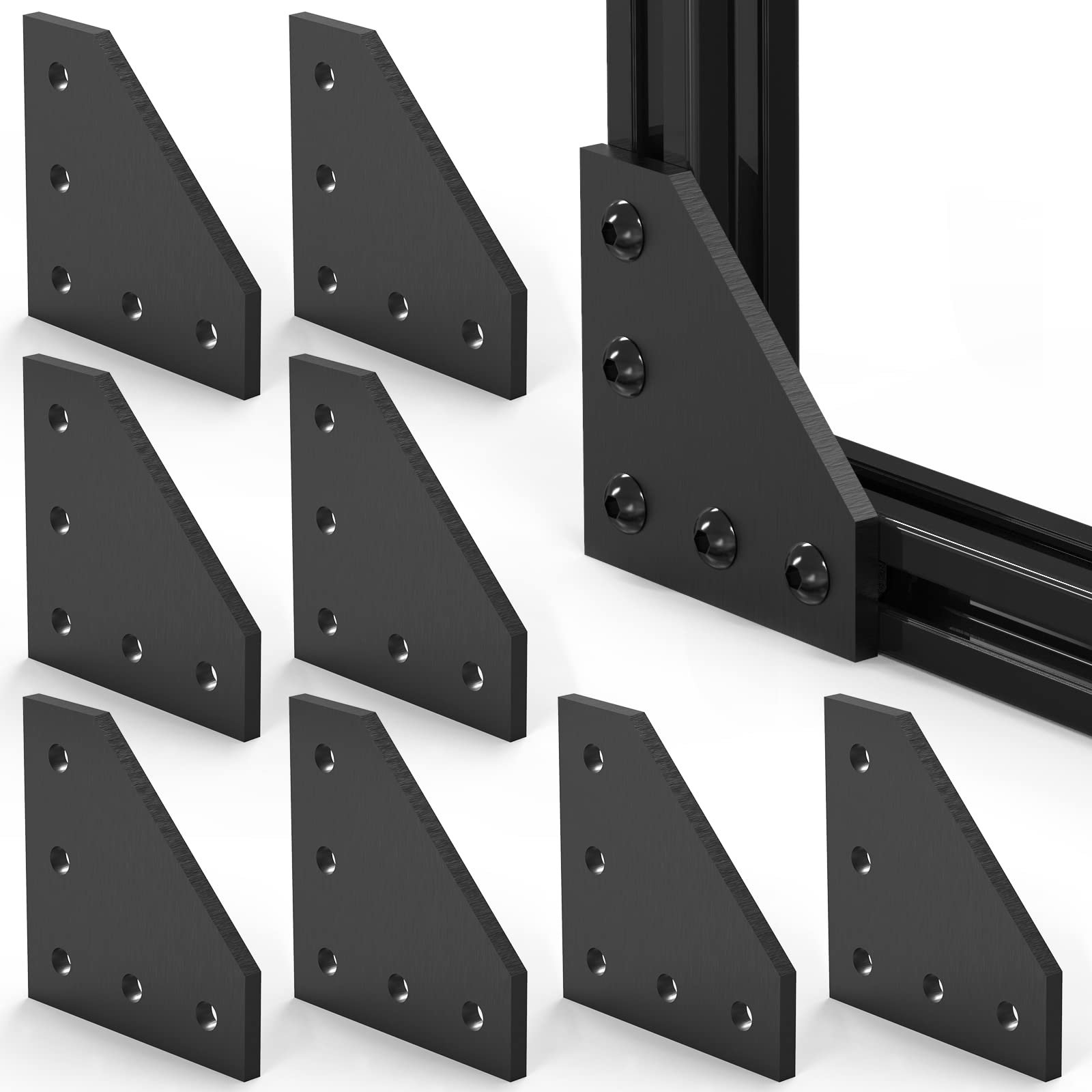 NVAXQF Black L Shape Joint Plate Bracket Kit，5 Hole 90 Degree Joint Plate Corner Bracket for Slot 6mm 2020 Aluminum Profile 3D Printer（8 Sets）
