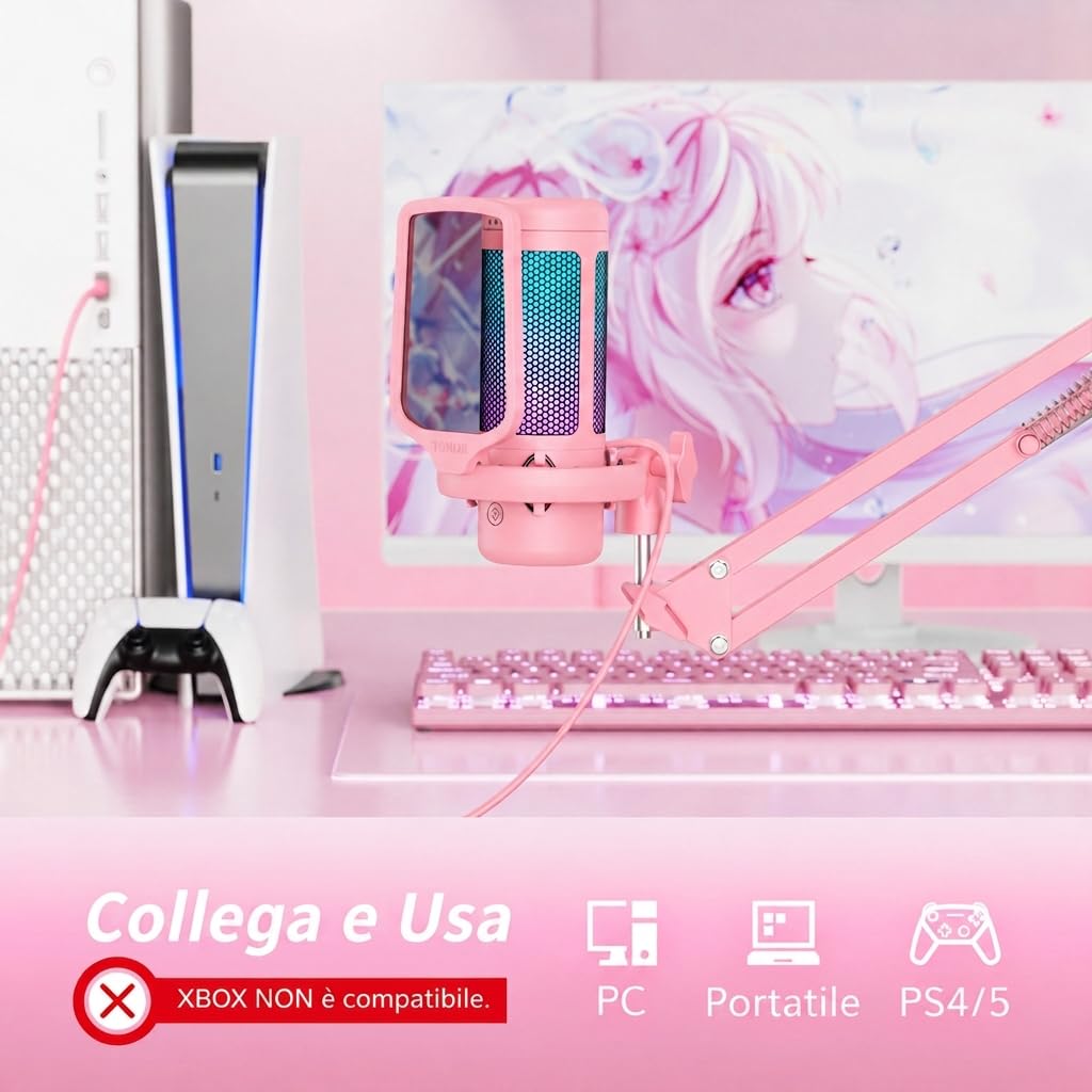 TONOR Gaming Microfono, USB Mic con Supporto per Braccio, Micro a Condensatore Cardioide con RGB e Luminosità Regolabili, Mute Rapido, Controllo del Guadagno, per Streaming, Gaming,Rosa, TC310+