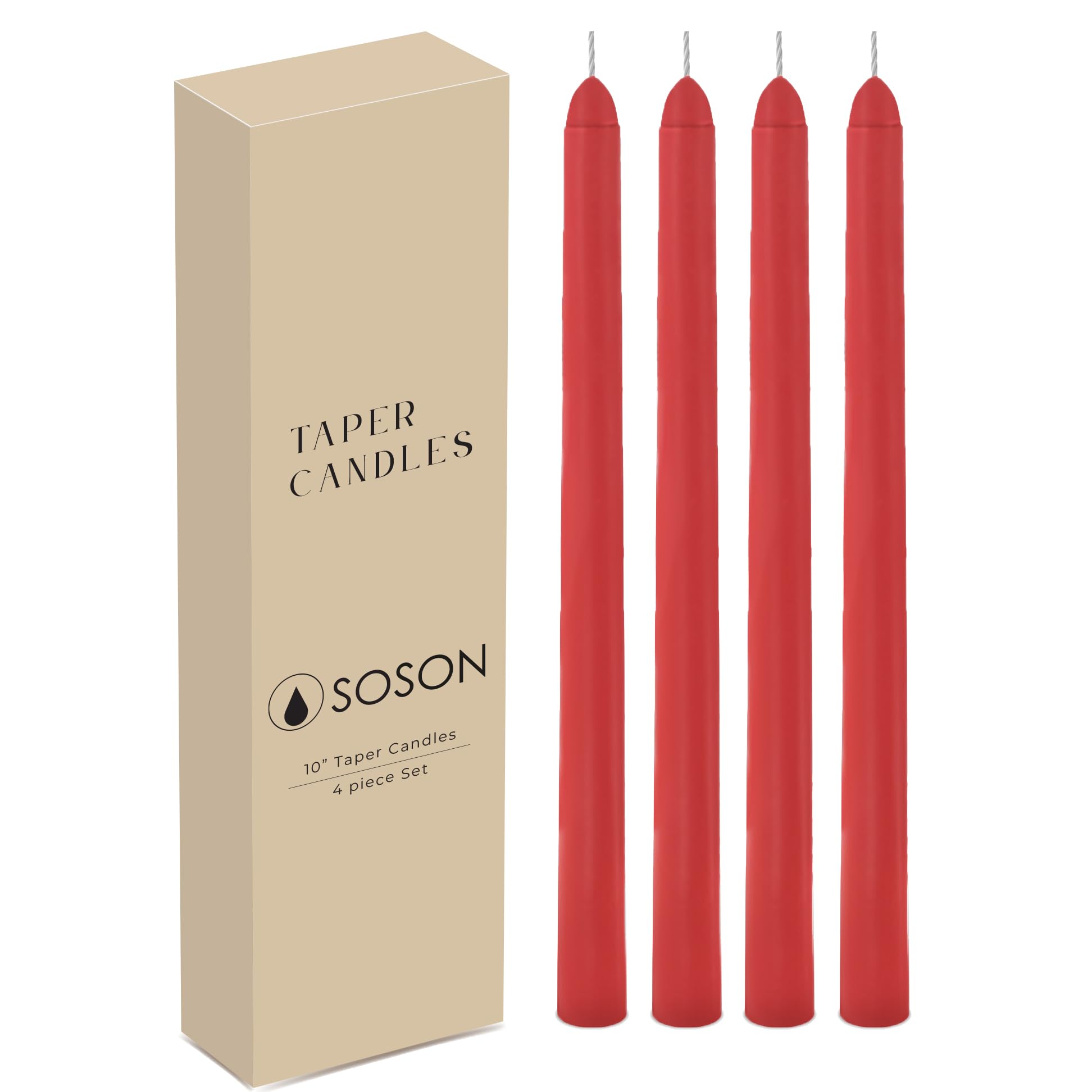Simply Soson Rote Spitzkerzen, tropffrei, 25,4 cm, 4 Stück, tropffreie Spitzkerzenständer, hohe Kerzenständer, lange Brenndauer, perfekt für Abendessen, Hochzeit, Party oder Weihnachten, konische