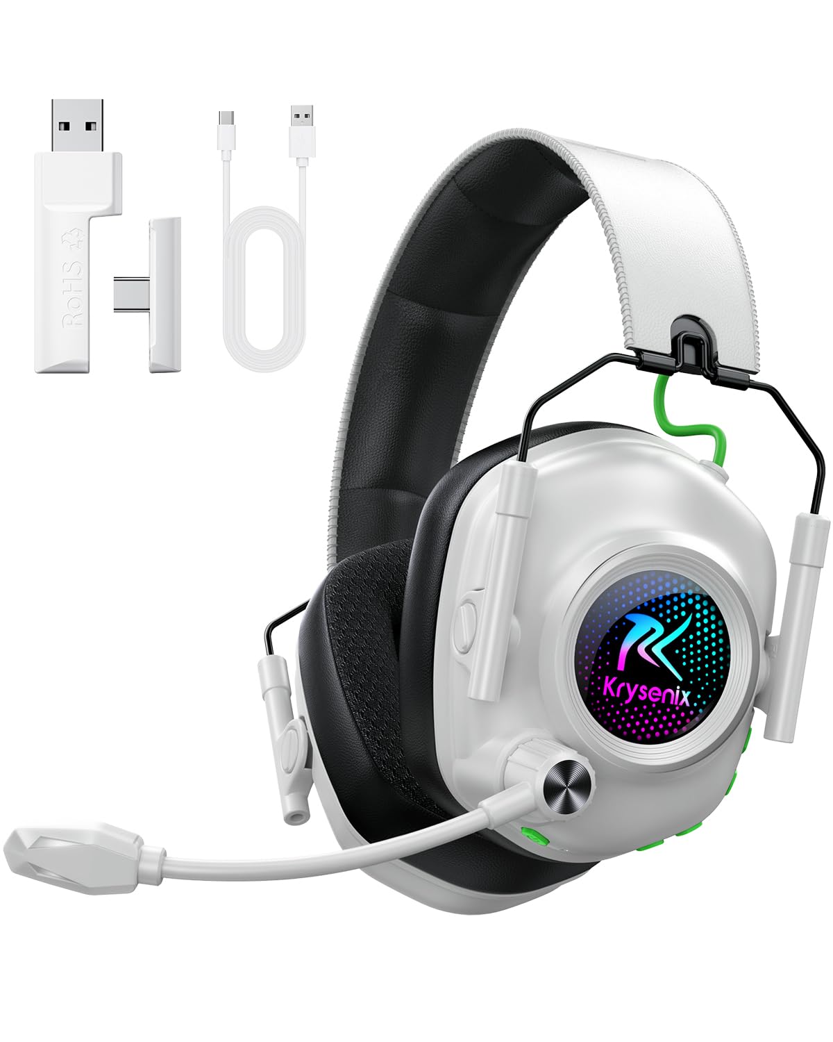 Photo 1 of Krysenix Wireless Gaming Headset for PS5 & PC, 50mm Titanium Drivers, Low-Latency 2.4GHz & Bluetooth, Adjustable Noise-Cancelling Mic, Foldable RGB Over-Ear Headphones – White
