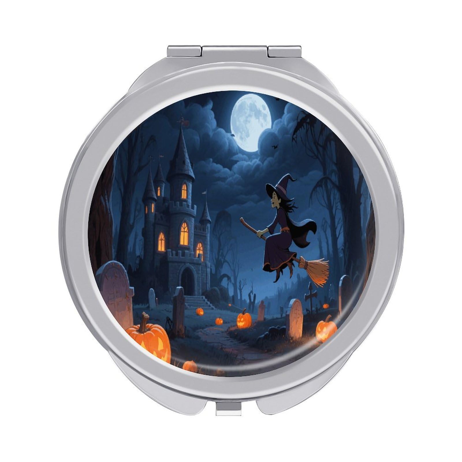 VstaDank Orange Pumpkin Witch Scary Castle Makeup Mirror Beautiful Compact Makeup Mirror Silver Mirrors Surface Folding Makeups Lightweight Travel Makeups Mirrors for Suitable Handbag and Purses