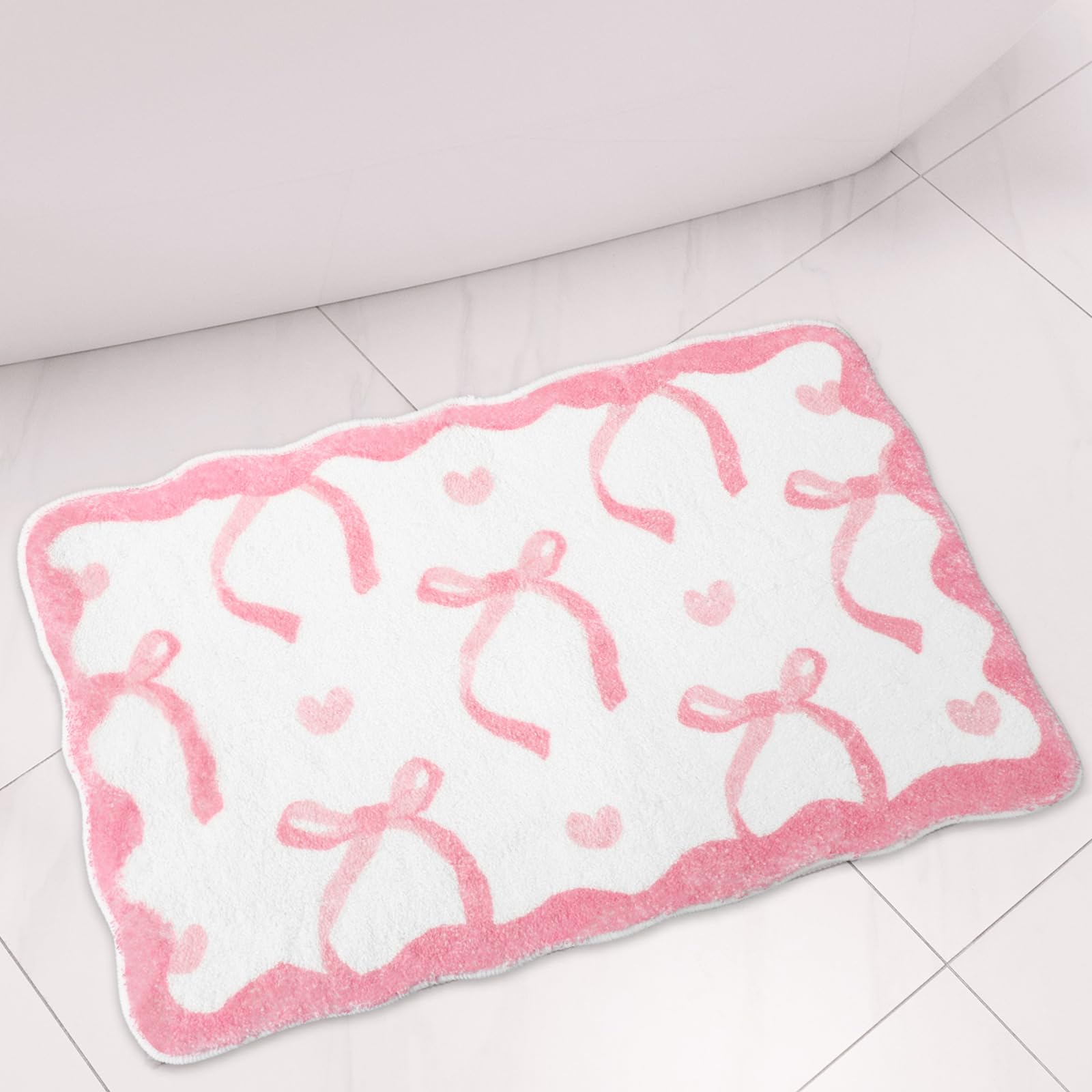 FYSUIMU Pink Bow Rug Mat Coquette Bowknot Heart Bathmat 24 x 16 Inch Trendy Bathroom Mat for Room Decoration Kitchen Living Room