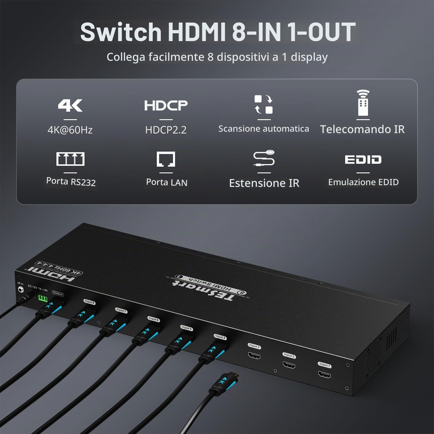 TESmart HDMI 2.0 4K@60Hz Switcher 8 Ingressi 1 Uscita, Convertitore 8x1, LAN/RS232, Pulsante/Telecomando, HDCP 2.2, Fino a 8 Dispositivi, Adatto per PC, TV, DVD, Console di Gioco, Xbox, PS4, DVR