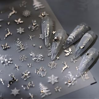 Christmas Nail Art Stickers Silver Nail Stickers 5D Embossed Snowflake Nail Decals Deer Xmas Tree Bow Designs Self Adhesive Nail Art Supplies for Women Girls DIY Nail Art Decorations 1 Sheet