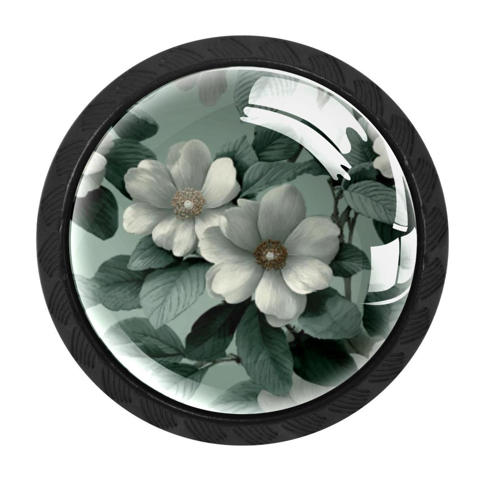 CHENZZZZ 4 Pack Black Sage Green Flowers (2) Drawer Knobs, Cabinet Knobs Round Glass Knobs for Kitchen Cabinet Hardware Bathroom 35MM