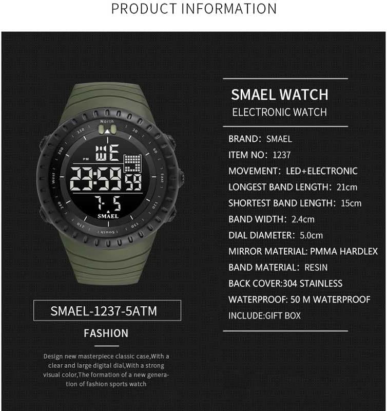 Detailed specifications for the SMAEL 1237 digital watch, including materials and dimensions.
