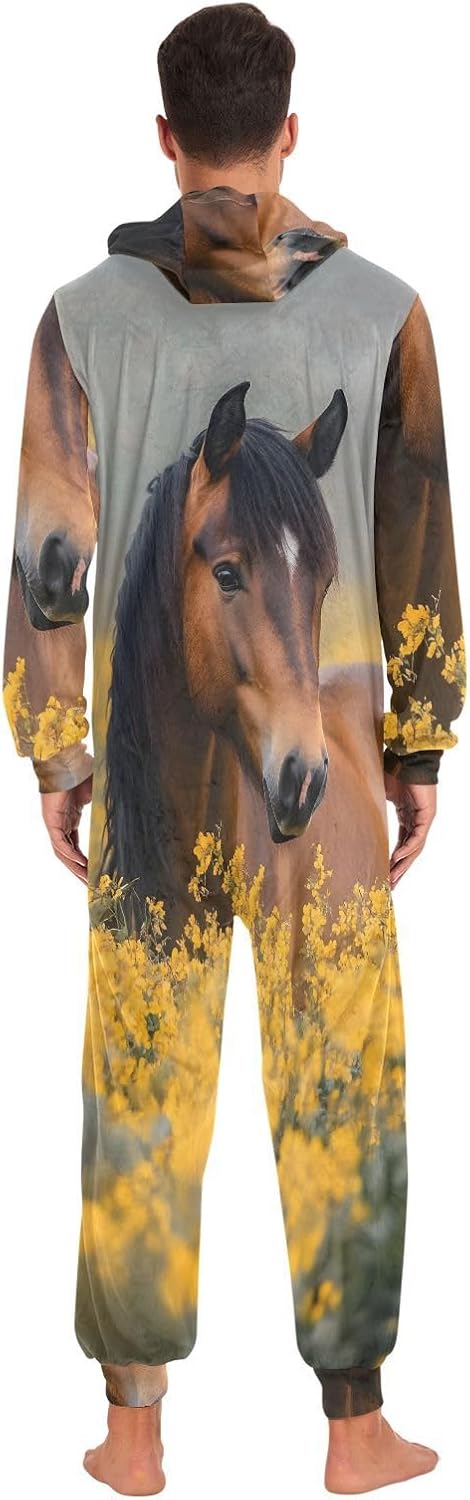 GAIREG Brown Horse Yellow Flower One Piece Pajamas for Men, Men Women House Wear
