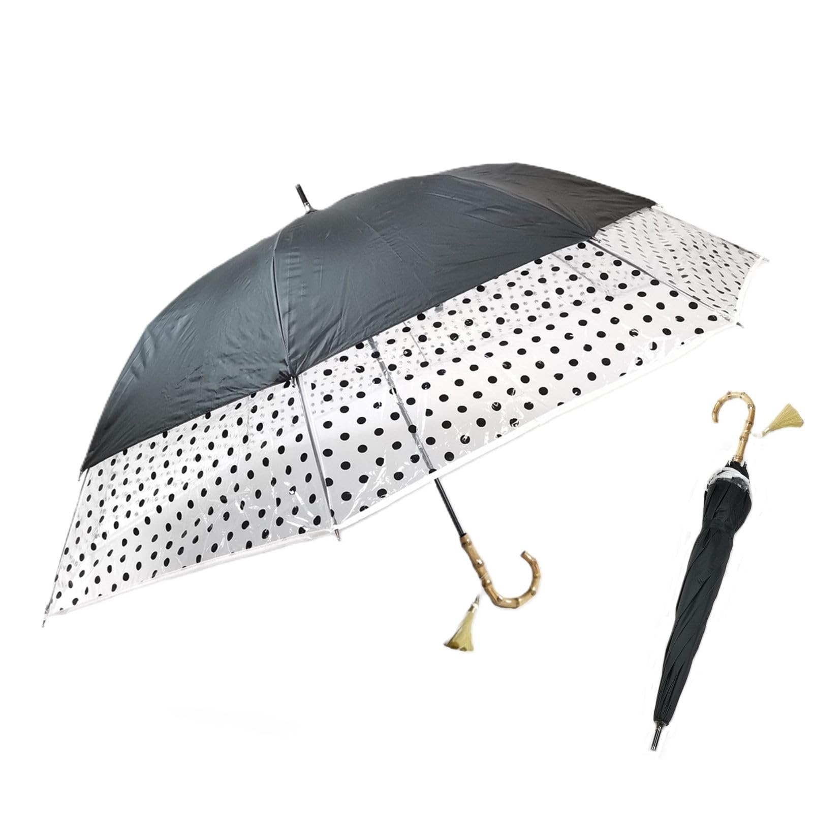 Japan-made Transform Umbrella, Windproof,UV proteciton, Lightweight, Body Fabric Plain & Hem Fabric Vinyl Dot Pattern, Bamboo Handle with Tassel 27200